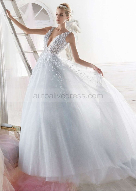 Beaded Light Blue Glittering Tulle Flowers Wedding Dress